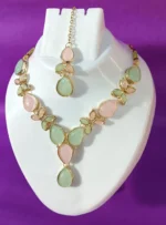 pastel pink green stone necklace set with earrings and pendant