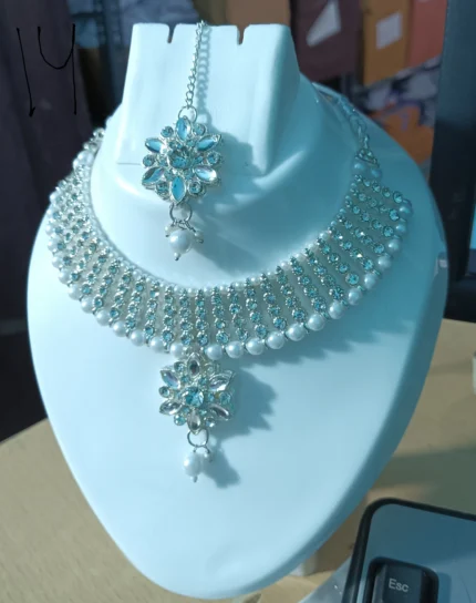 floral pearl fringe choker necklace set with earrings and pendant