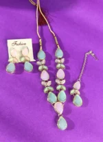 pastel pink green stone necklace set with earrings and pendant