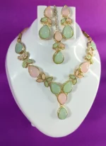 pastel green pink stone necklace set with earrings and pendant