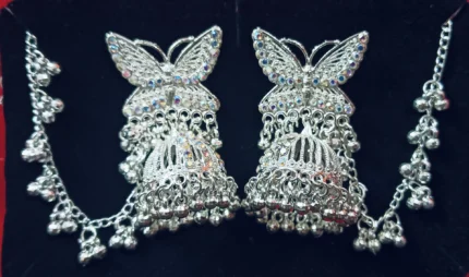oxidised silver butterfly jhumka earrings with chain and ghungroo