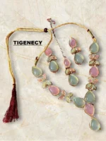 pastel pink green stone necklace set with earrings and pendant